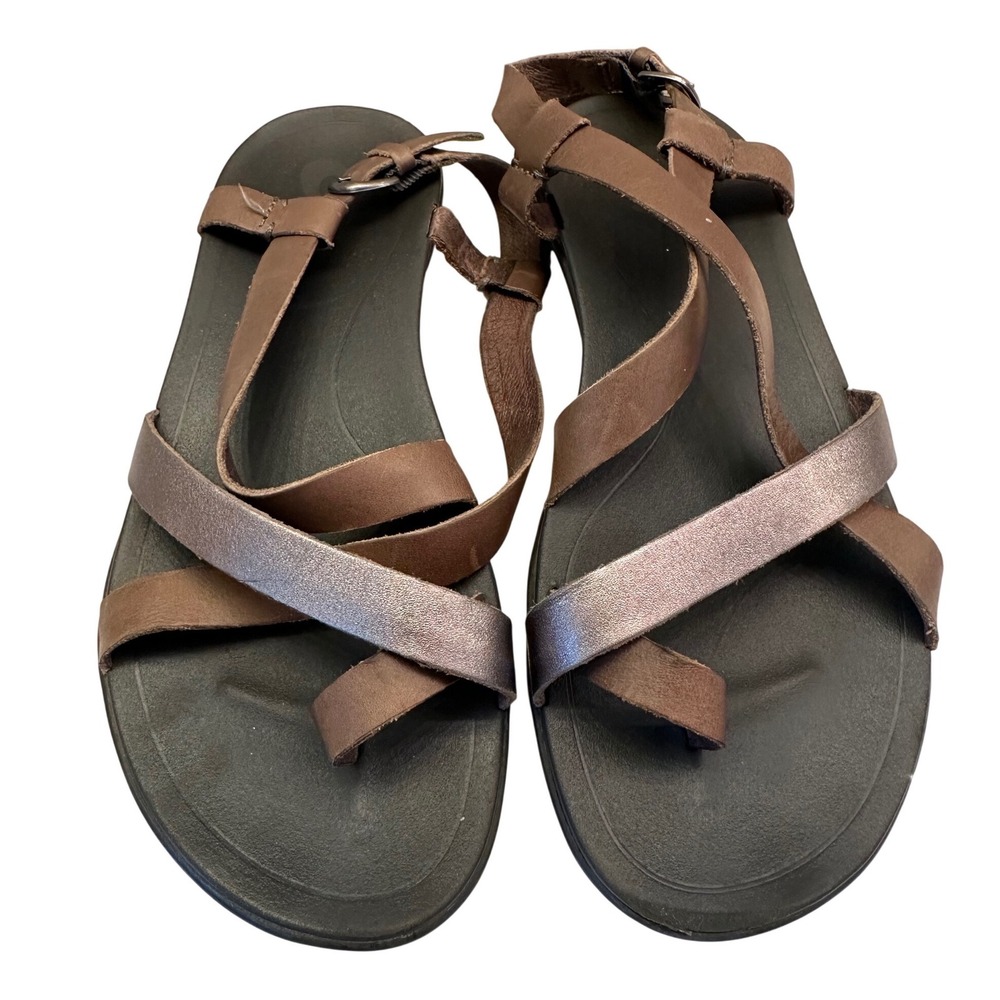 OluKai Upena Brown Metallic Leather Strappy Slingback Sandals Womens 7